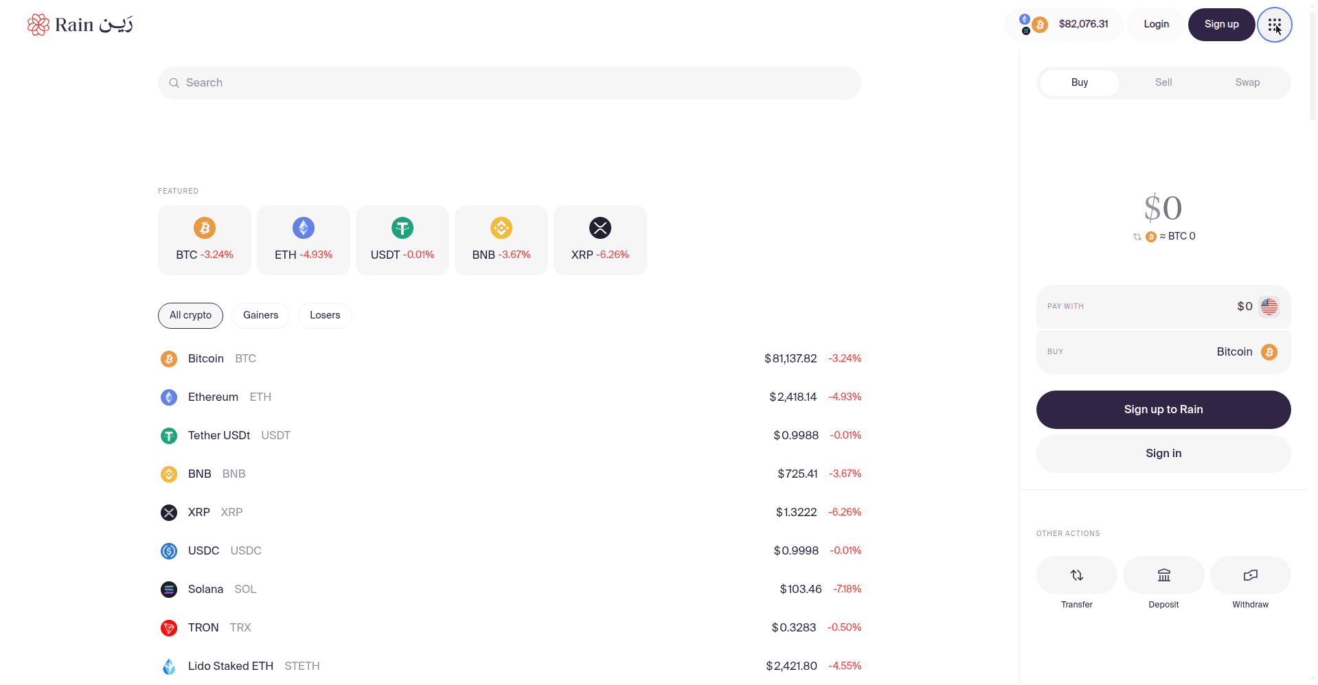 Rain buy page showing featured cryptocurrencies and a simple buy panel