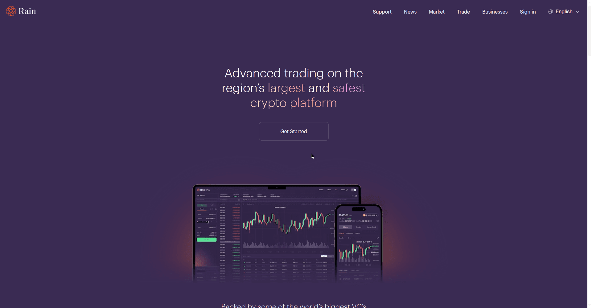 Rain Pro landing page presenting the advanced trading platform