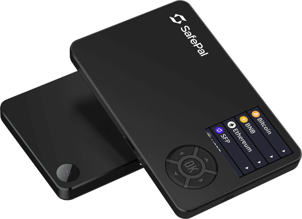 Two SafePal S1 hardware wallets showing the coin list screen and QR code scanner