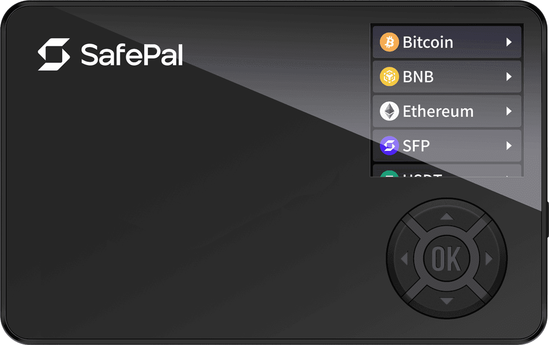 SafePal S1 device render with Bitcoin, BNB, Ethereum, and SFP on its color screen
