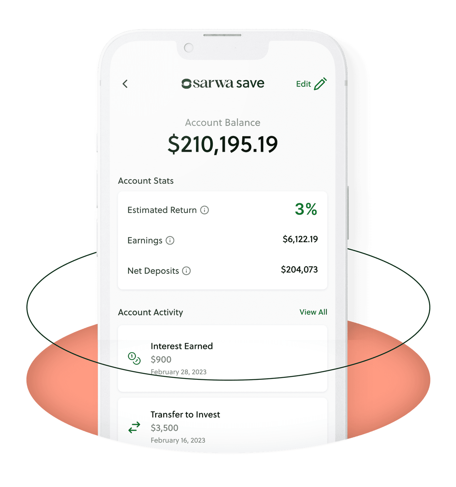 Sarwa Save app on a phone showing account balance, estimated return, earnings, and recent interest activity