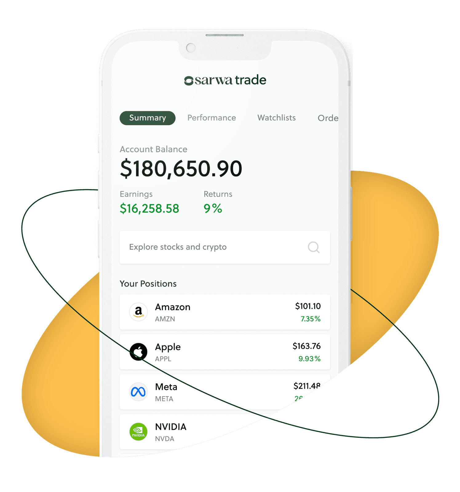 Sarwa Trade app on a phone showing a portfolio summary with account balance, earnings, returns, and positions