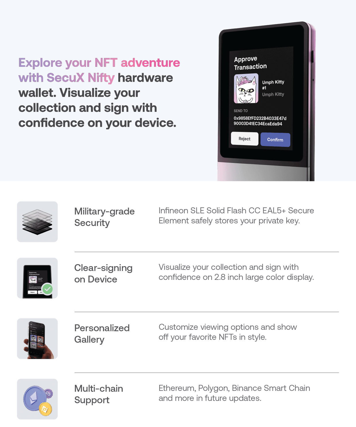 SecuX graphic showing the Nifty's NFT gallery, clear-signing, and multi-chain support