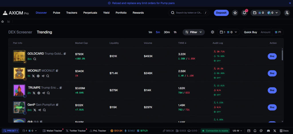 Axiom Trade app overview showing the main trading dashboard