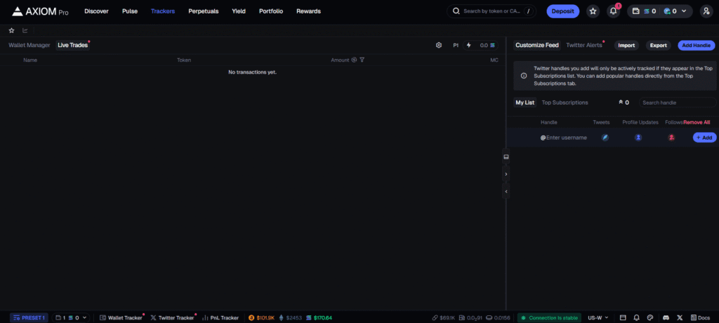 Axiom Pro trackers tutorial showing wallet tracking setup