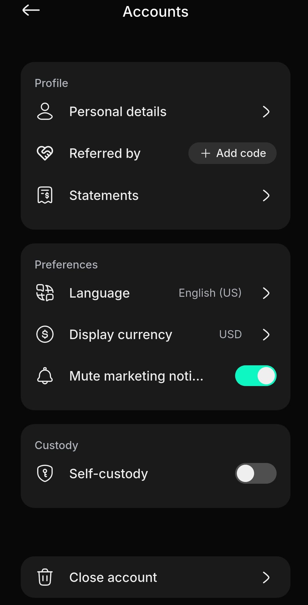 KAST Accounts settings showing Profile, Referred by with Add code button, Statements, language and currency preferences, and Self-custody toggle
