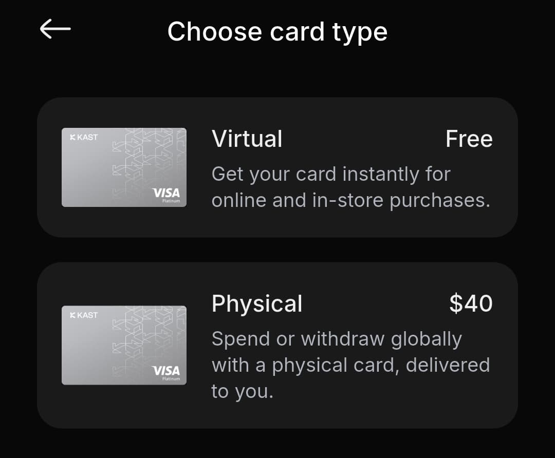 KAST choose card type screen showing a free Virtual card and a Physical card costing 40 USD