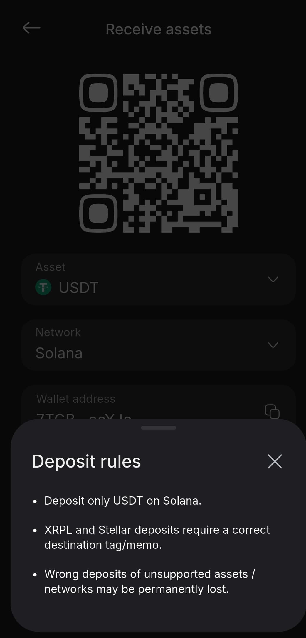 KAST deposit rules warning to deposit only USDT on Solana, use correct destination tag or memo for XRPL and Stellar, and that wrong deposits may be permanently lost