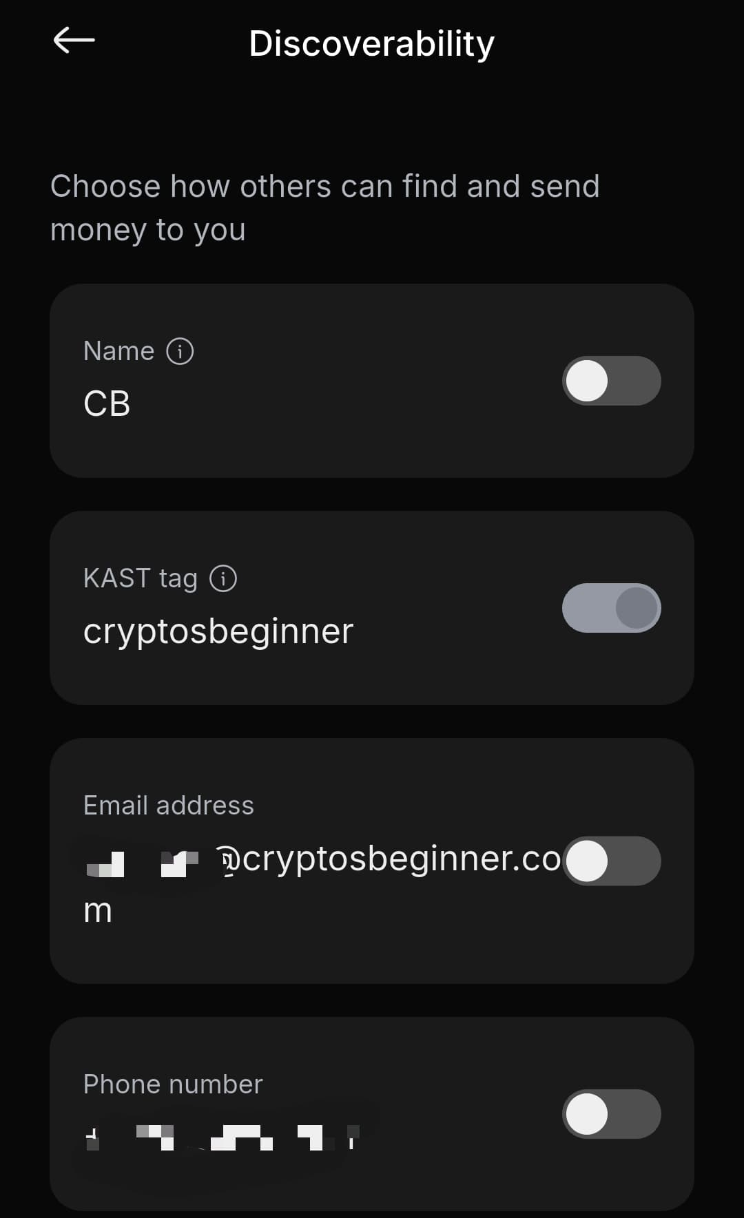 KAST Discoverability settings showing toggles for being found by name, KAST tag cryptosbeginner, email address, and phone number