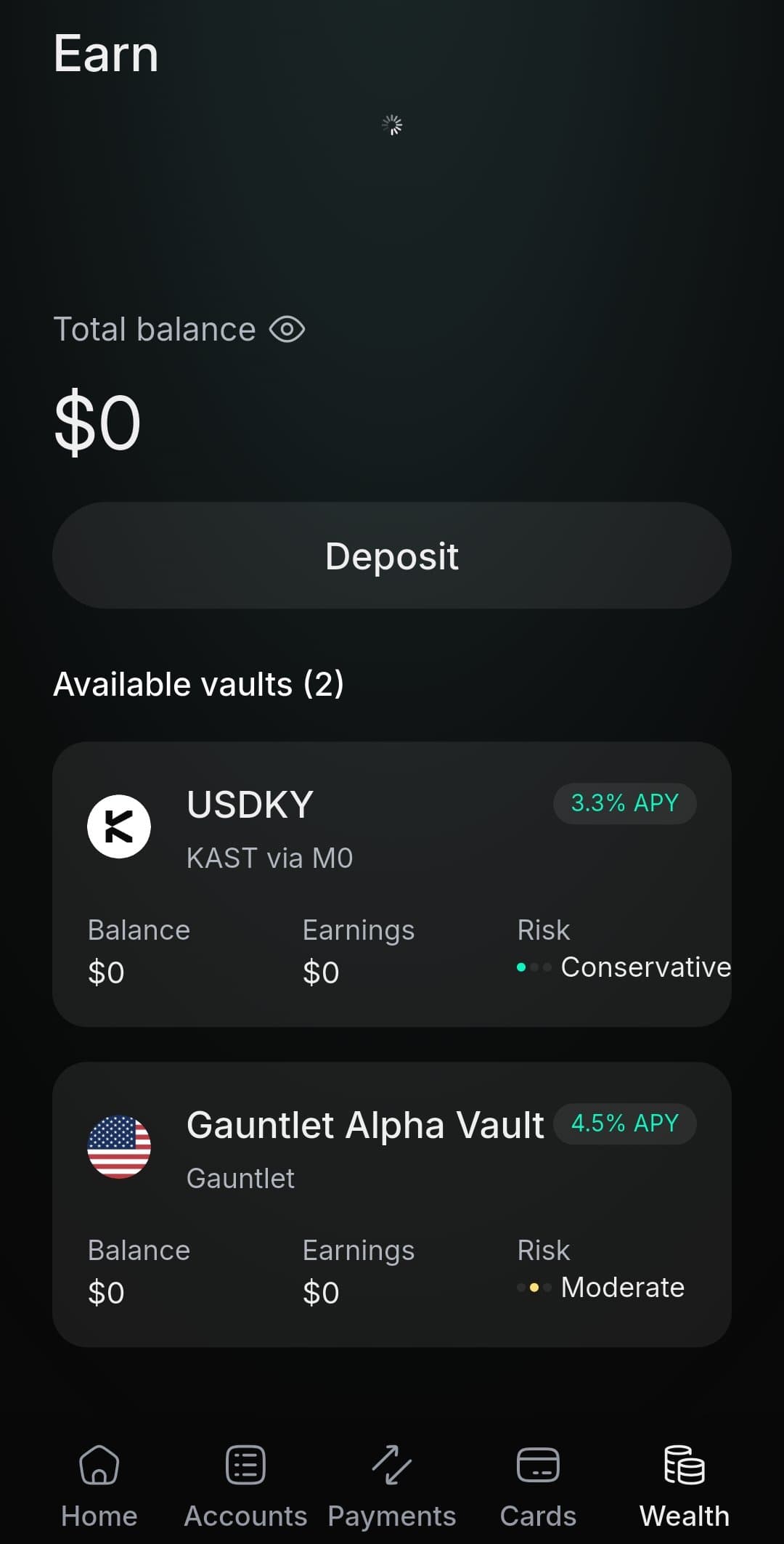 KAST Earn screen showing two vaults: USDKY at 3.3 percent APY rated Conservative and Gauntlet Alpha Vault at 4.5 percent APY rated Moderate