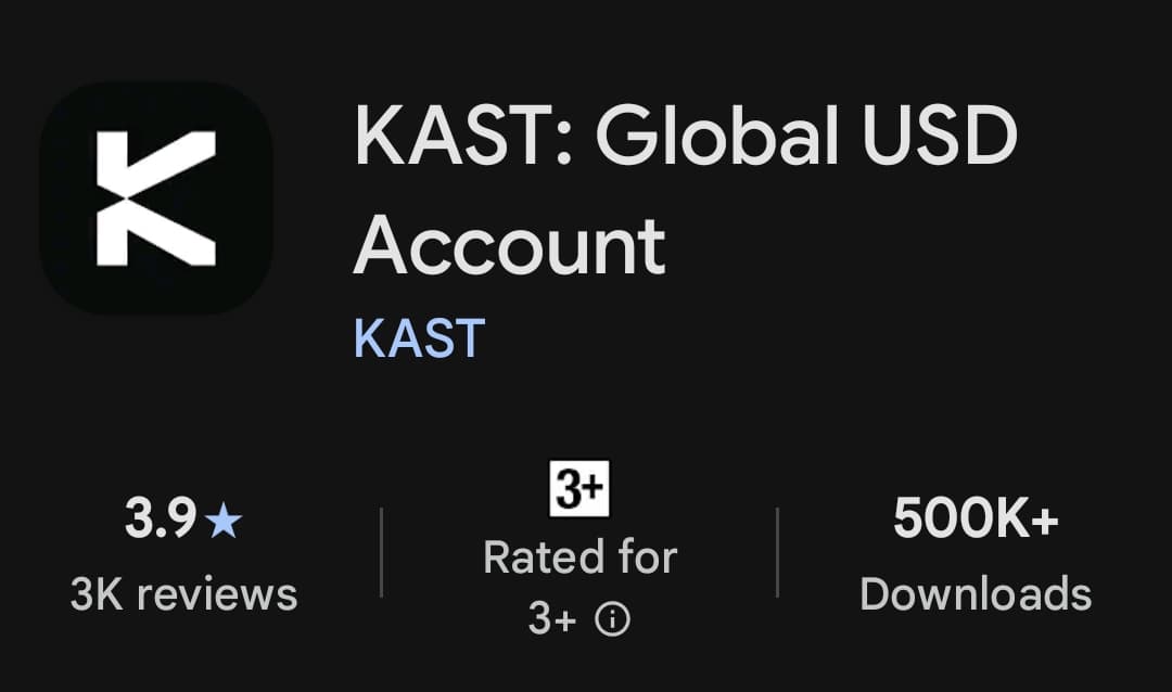 Google Play listing for KAST Global USD Account showing 3.9 stars from 3,000 reviews and 500,000 plus downloads
