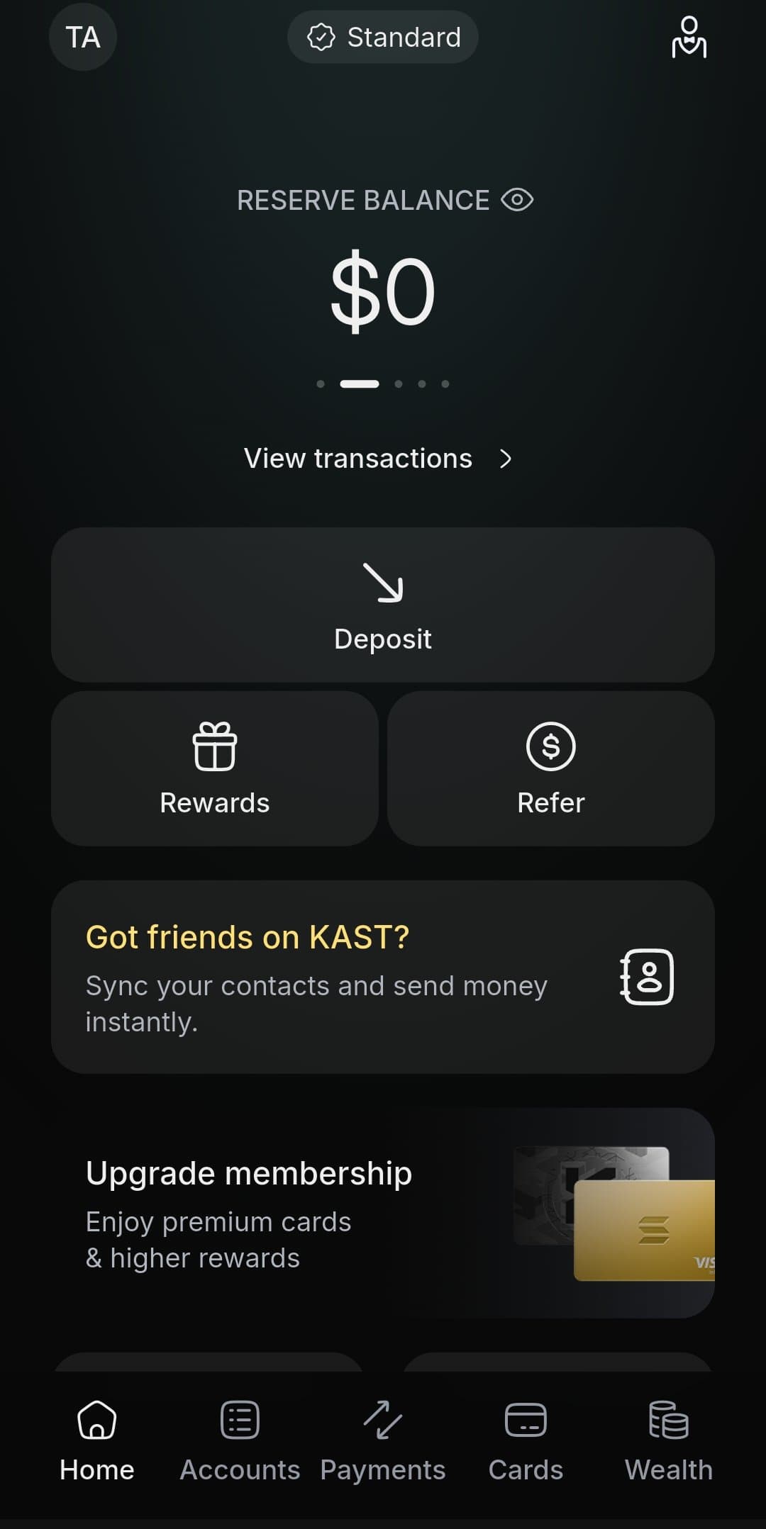 KAST app home screen showing Reserve balance with Deposit, Rewards, Refer options and membership upgrade banner