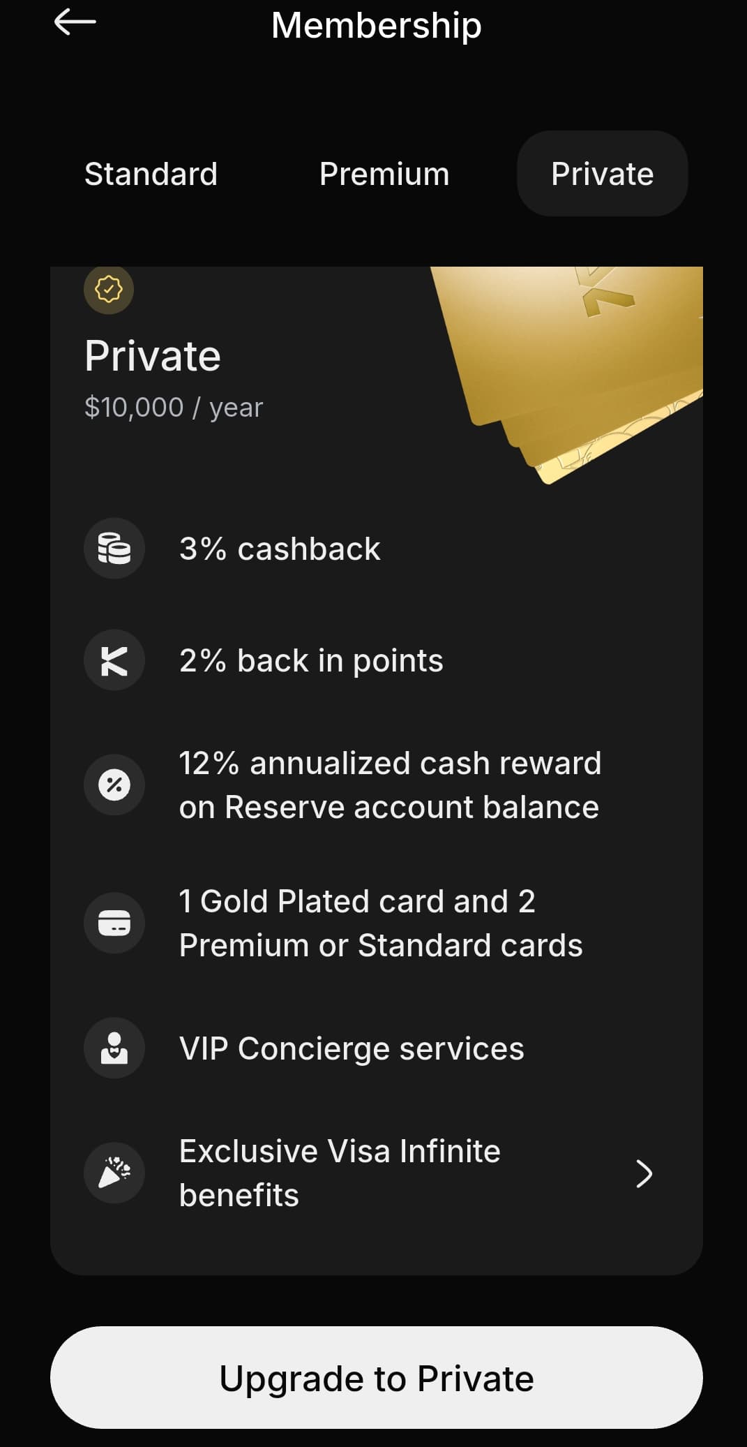 KAST Membership screen showing the Private tier at 10,000 USD per year with 3 percent cashback, 2 percent back in points, 12 percent Reserve reward, gold plated card, and VIP Concierge