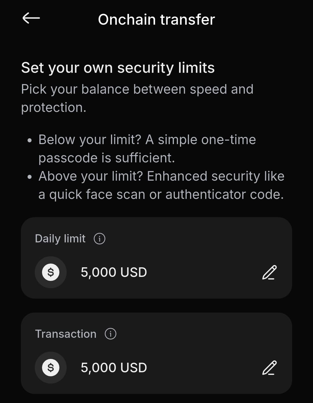 KAST onchain transfer security settings showing a 5,000 USD daily limit and 5,000 USD per-transaction limit with passcode and face scan options
