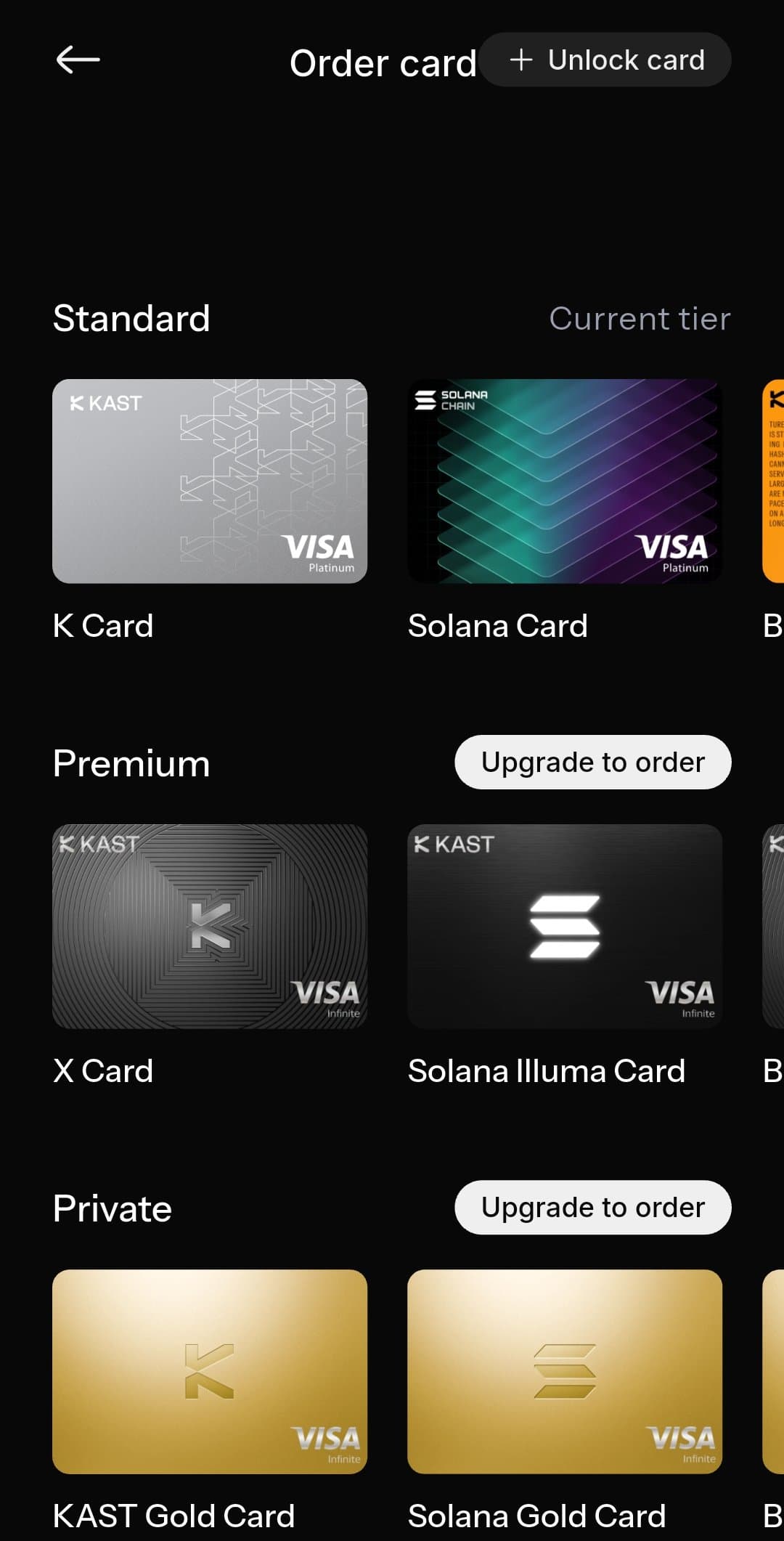 KAST order card screen showing Standard cards K Card and Solana Card, Premium X Card and Solana Illuma Card, and Private KAST Gold Card and Solana Gold Card