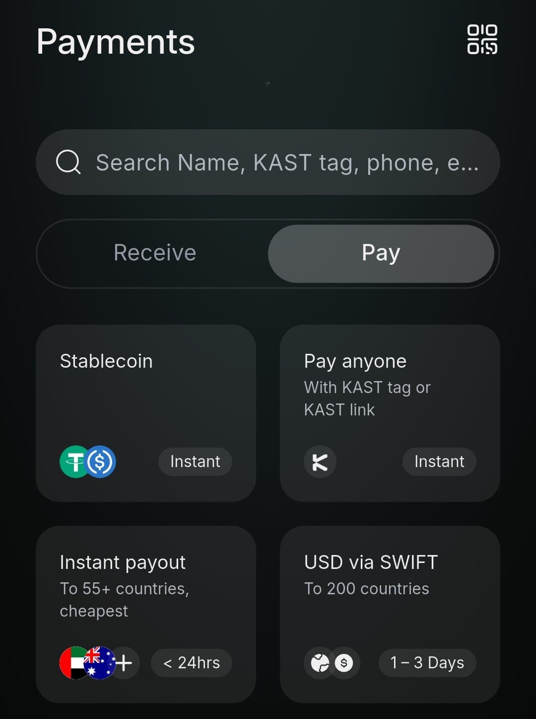 KAST Payments screen with options for instant Stablecoin transfers, Pay anyone with KAST tag or link, instant payout to 55 plus countries, and USD via SWIFT to 200 countries