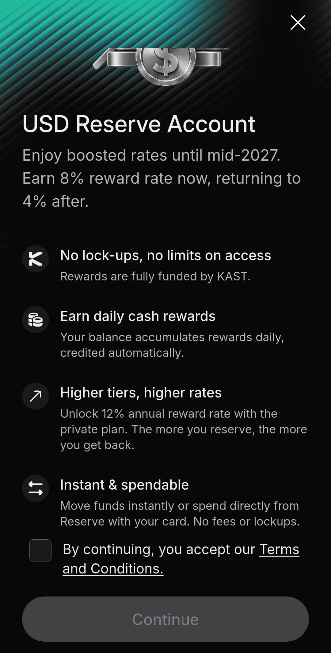 KAST USD Reserve Account onboarding explaining boosted rates until mid-2027, 8 percent reward now returning to 4 percent after, with no lock-ups and daily cash rewards