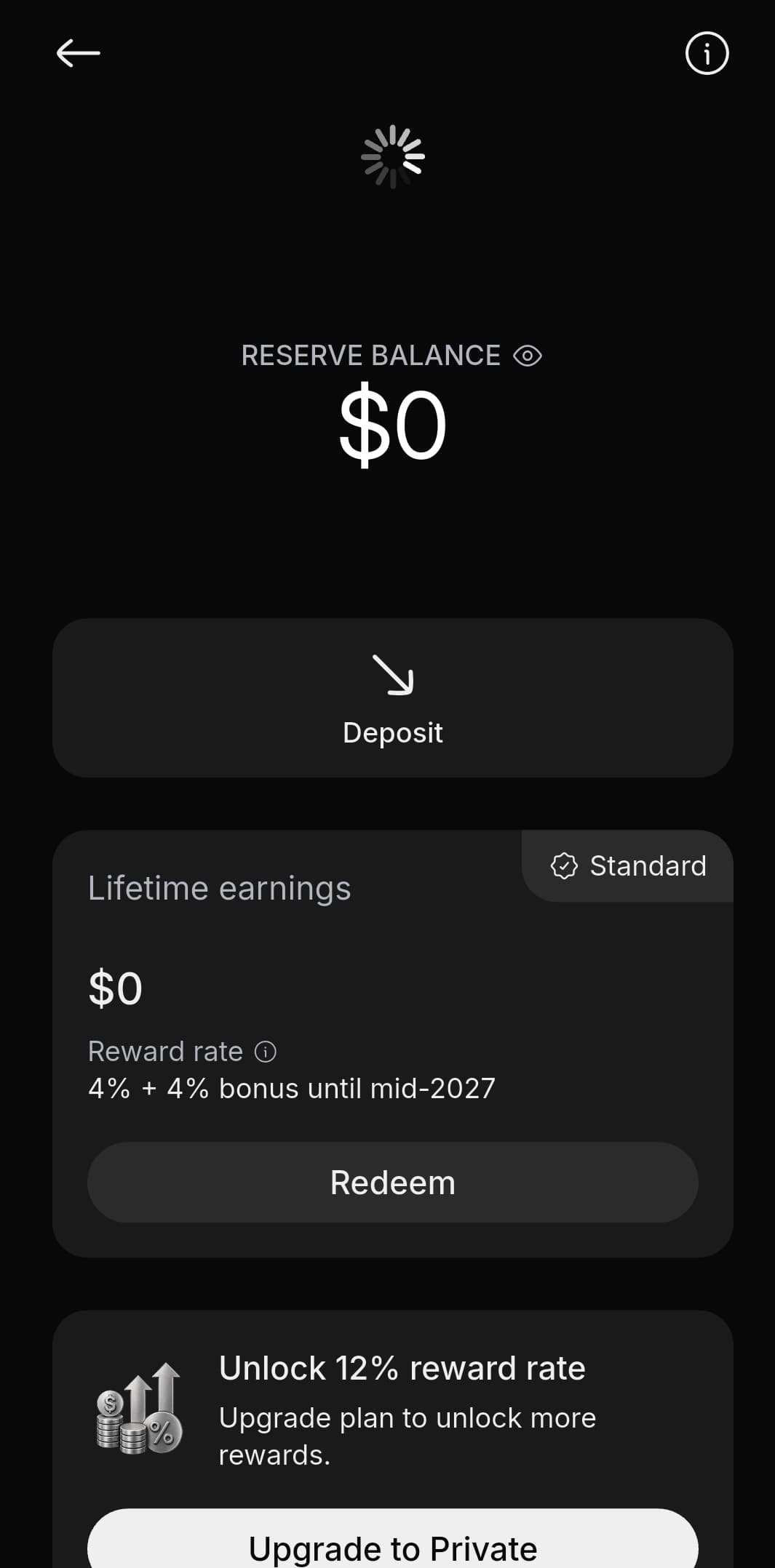 KAST Reserve account screen showing lifetime earnings, reward rate of 4 percent plus 4 percent bonus until mid-2027, and upgrade prompt for 12 percent