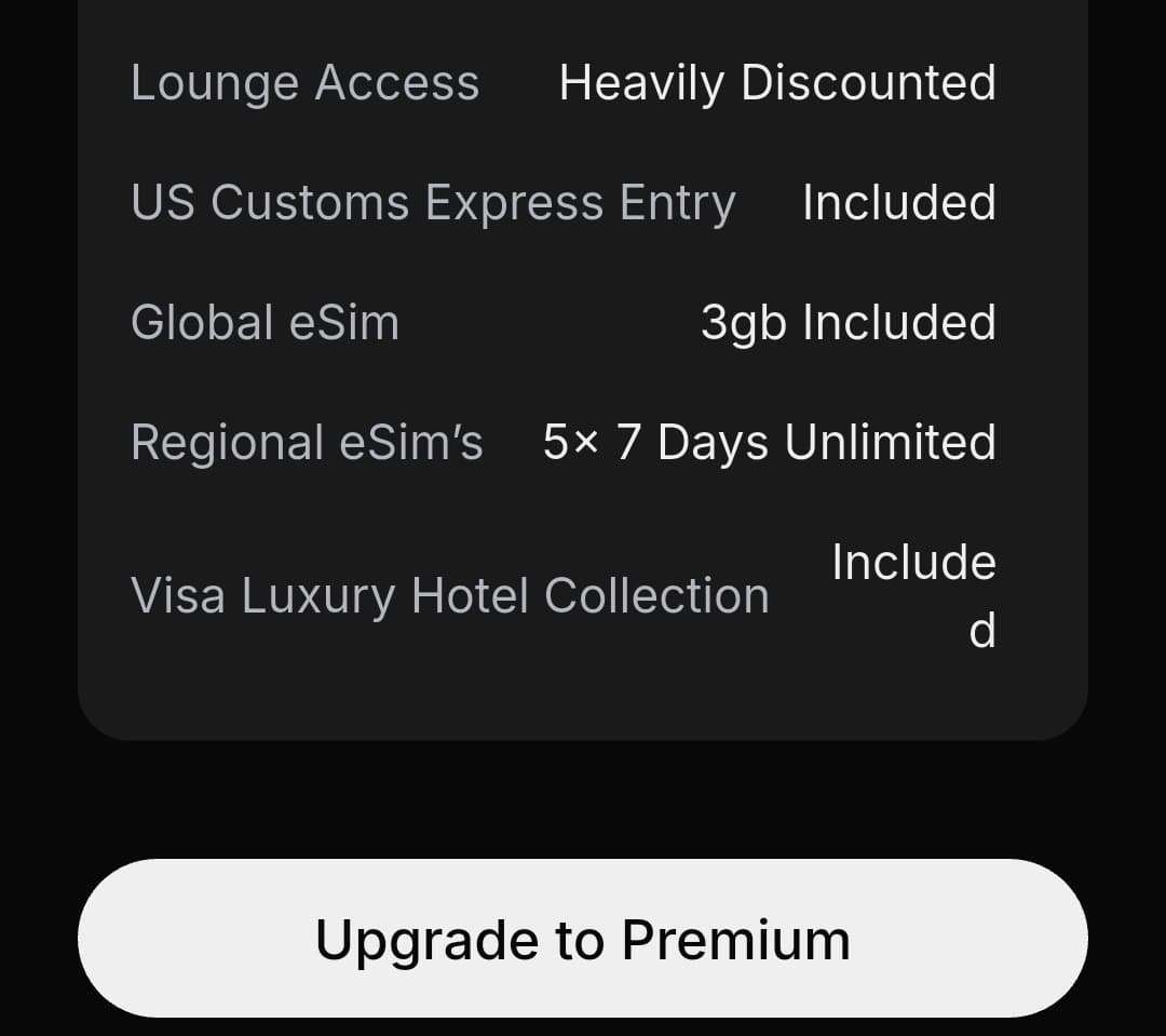 KAST Visa Infinite benefits screen listing lounge access, US Customs express entry, global and regional eSIM data, and Visa Luxury Hotel Collection