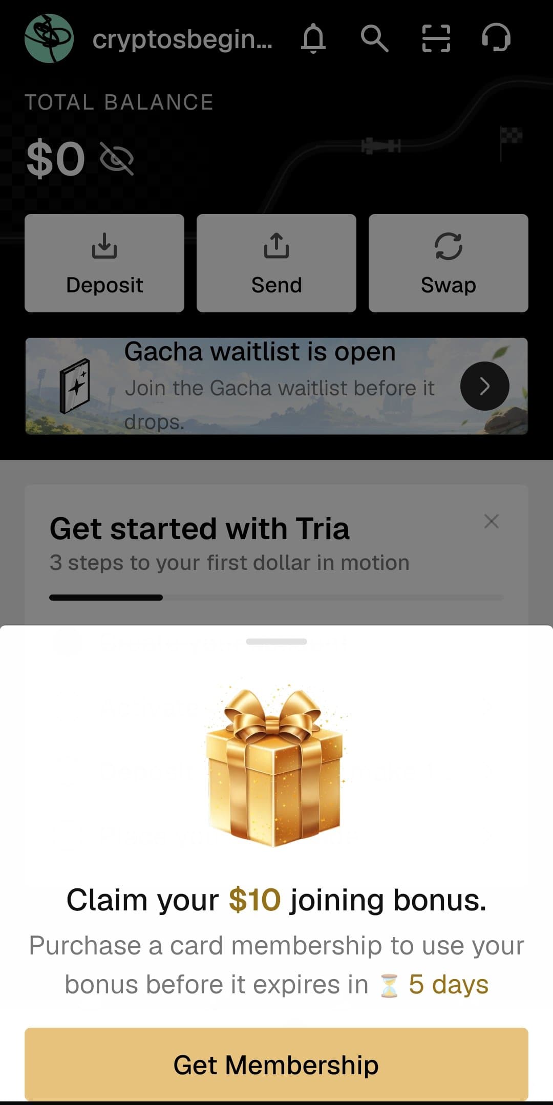 Tria onboarding popup offering a 10 dollar joining bonus that expires in 5 days