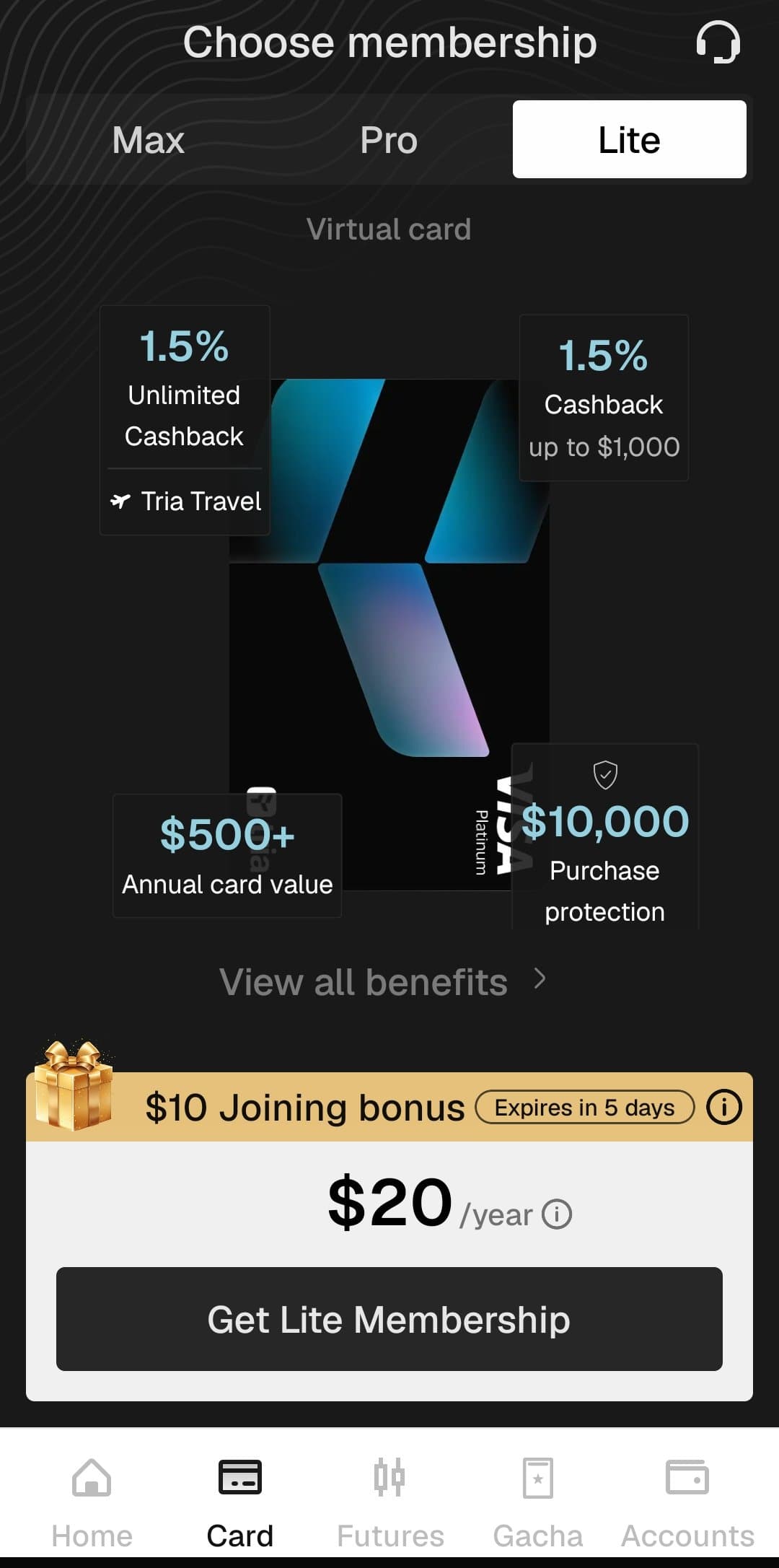 Tria Lite membership screen showing the virtual card with 1.5 percent cashback up to $1,000 and a 10 dollar joining bonus
