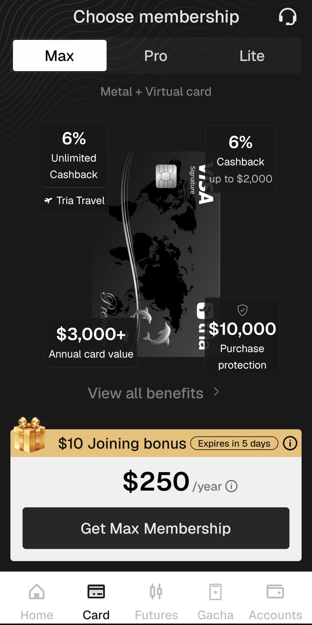 Tria Max membership screen showing the black metal Visa Signature card with 6 percent cashback