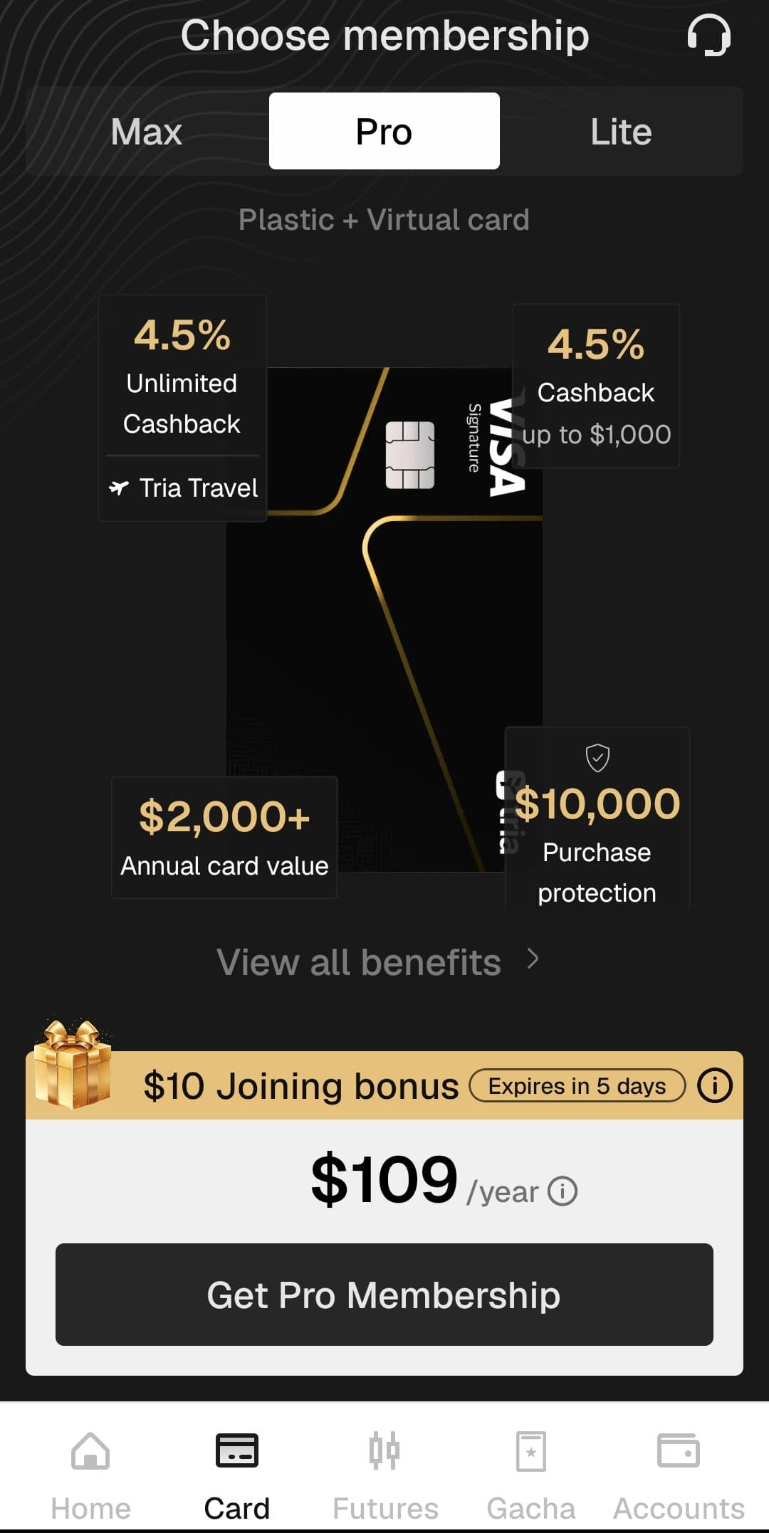 Tria Pro membership screen showing the black and gold plastic Visa Signature card with 4.5 percent cashback up to $1,000
