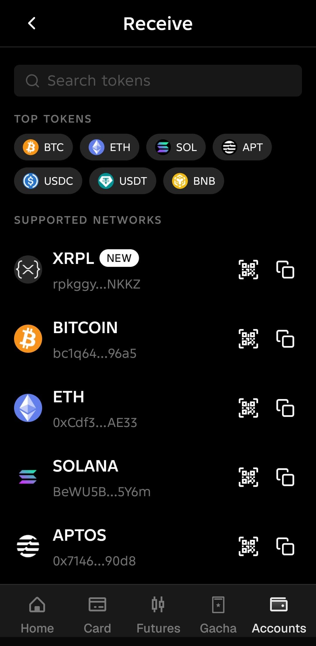 Tria Receive screen showing supported deposit tokens and networks with QR code addresses