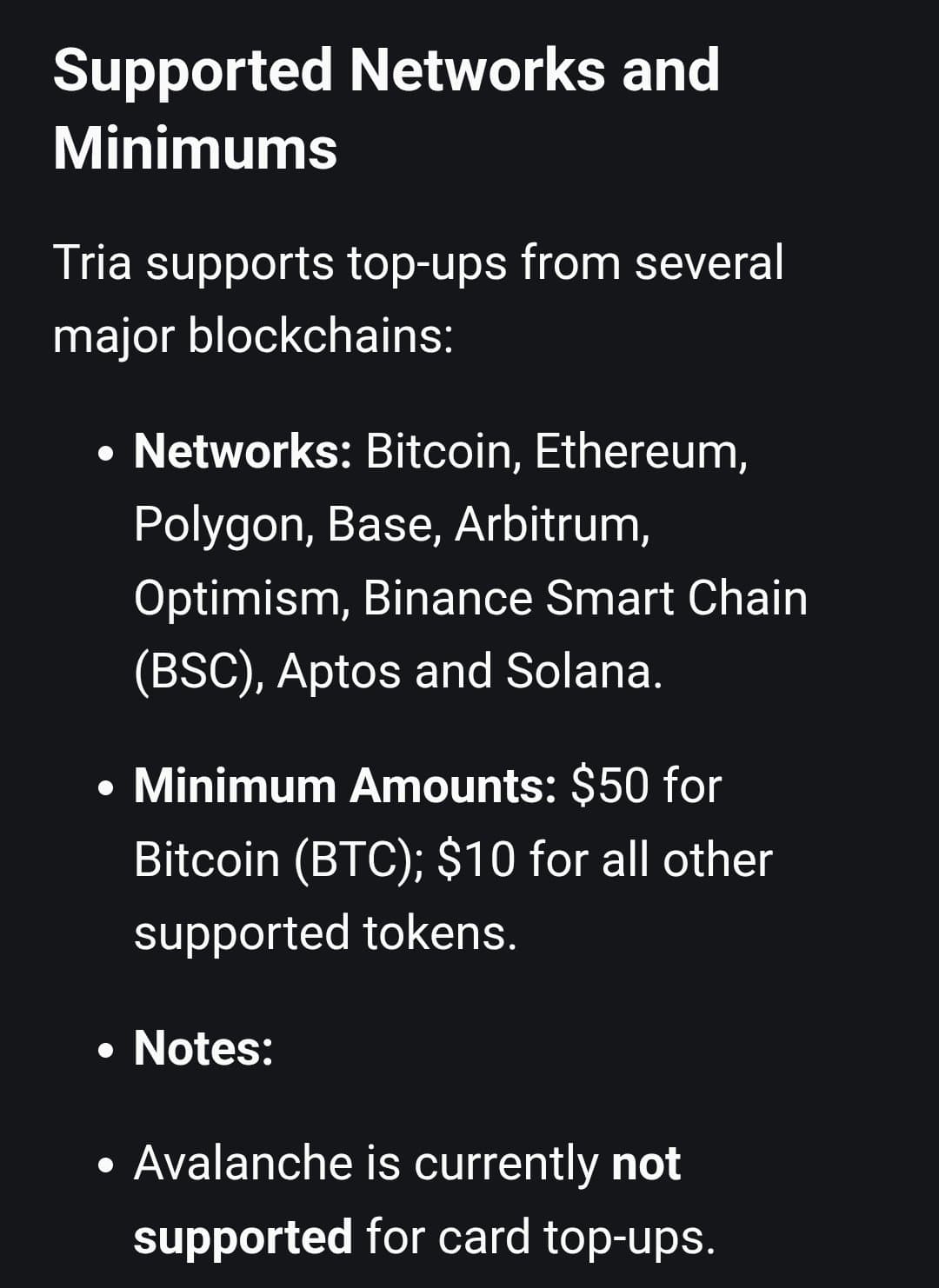 Tria supported networks and minimum top-up amounts for card funding