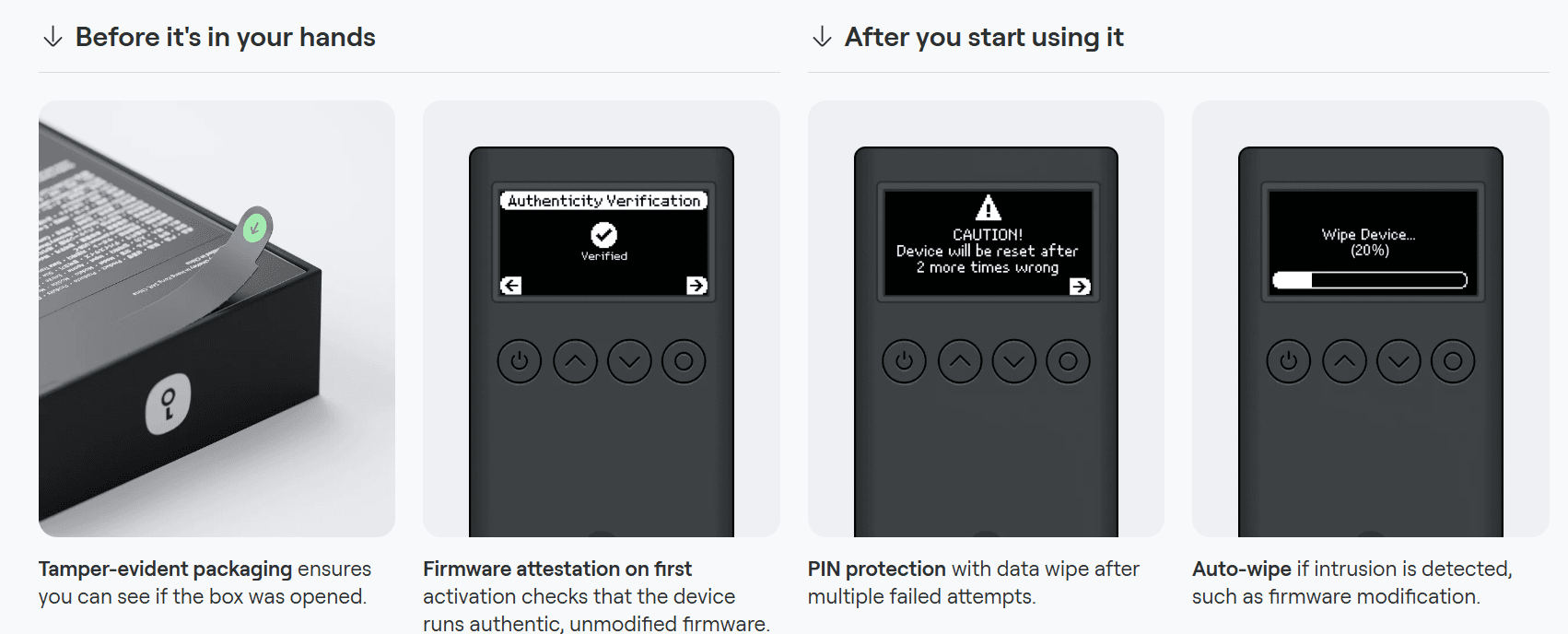 OneKey anti-tamper features: tamper-evident packaging, firmware attestation on first activation, PIN protection with auto-wipe, and intrusion detection