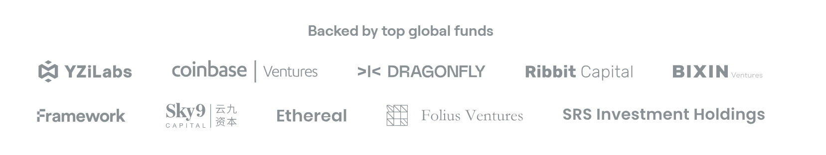 OneKey investor logos: YZi Labs, Coinbase Ventures, Dragonfly, Ribbit Capital, Bixin Ventures, Framework, Sky9 Capital, Ethereal, Folius Ventures, and SRS