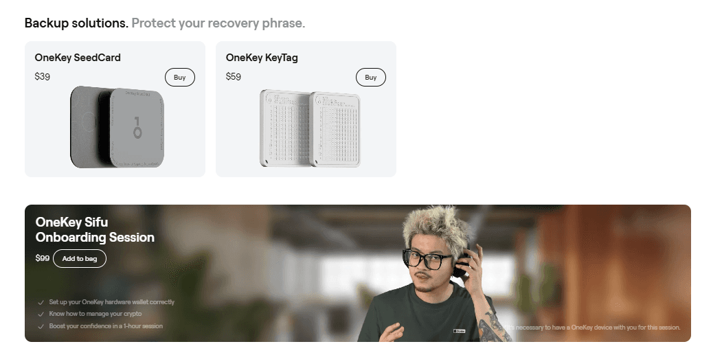 OneKey backup accessories: SeedCard at $39, KeyTag at $59, and a $99 Sifu onboarding session for setting up the wallet