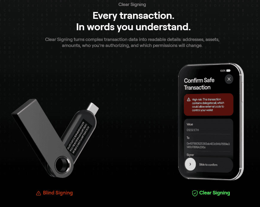 Comparison of blind signing versus OneKey Clear Signing, showing a safe transaction confirmation screen with full details on a phone