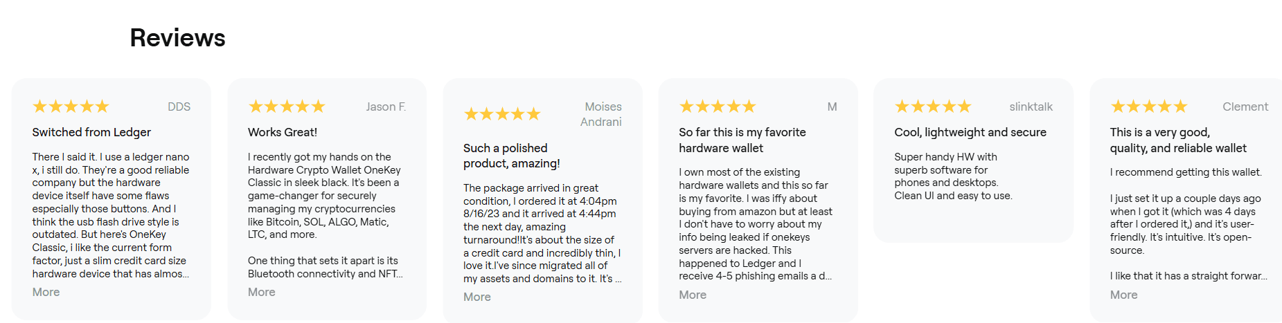 Customer reviews for OneKey hardware wallets with five-star ratings praising the switch from Ledger, build quality, and open source software