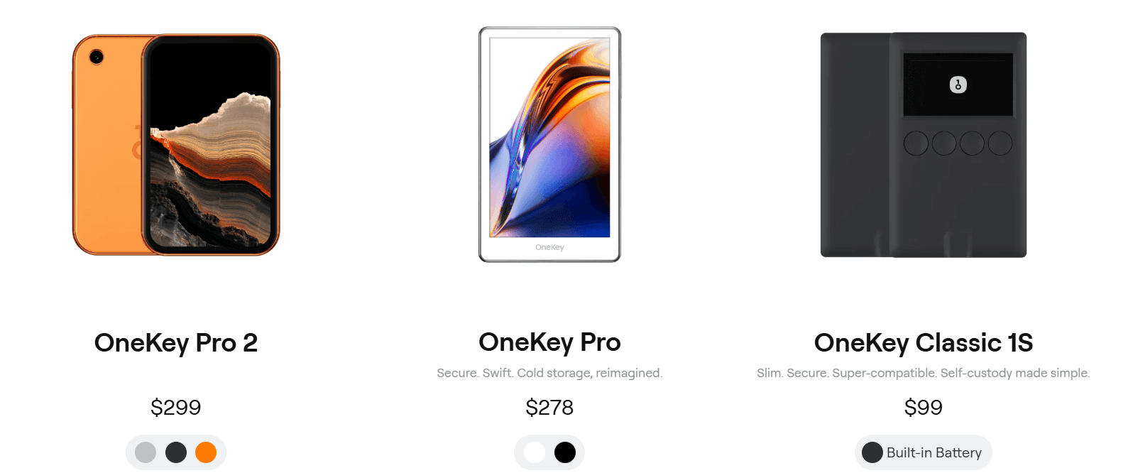 OneKey Pro 2 in orange, OneKey Pro in white, and OneKey Classic 1S in black, the three current hardware wallet models side by side