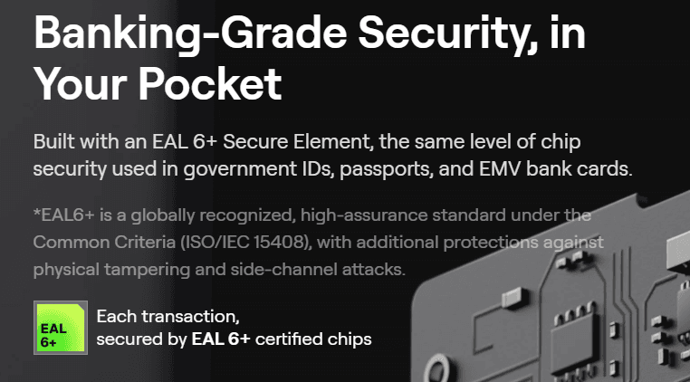 Close-up of a secure element chip with text explaining EAL 6+ certification, the chip security standard used in government IDs and bank cards