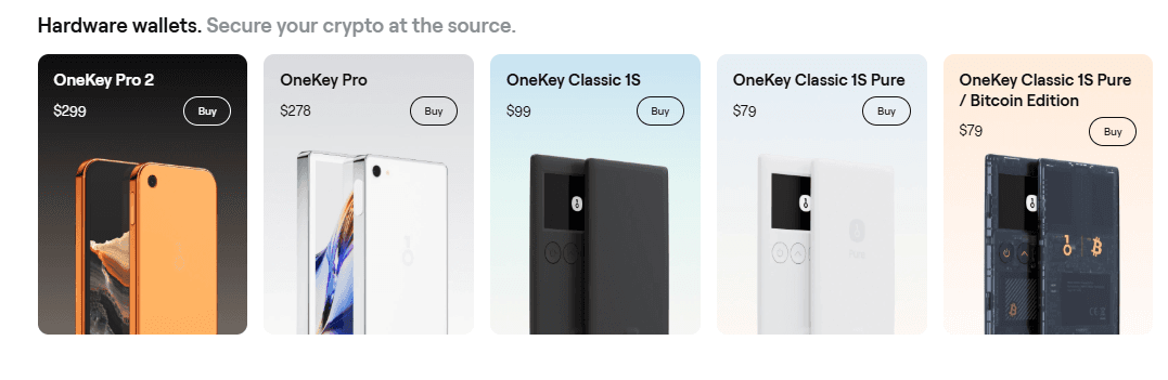 OneKey hardware wallet lineup with prices: Pro 2 at $299, Pro at $278, Classic 1S at $99, Classic 1S Pure at $79, and Classic 1S Pure Bitcoin Edition at $79