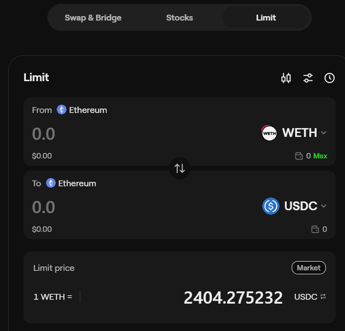 OneKey limit order interface set to swap WETH for USDC on Ethereum at a limit price of 2404.27 USDC