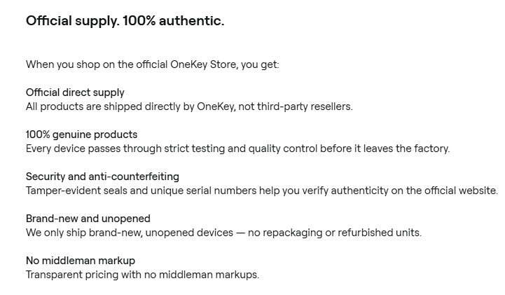 OneKey official store authenticity promise: direct supply, genuine products, tamper-evident seals, and no middleman markup