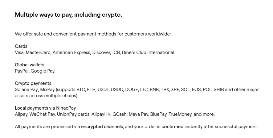 OneKey store payment options including Visa, Mastercard, PayPal, Google Pay, crypto via Solana Pay and MixPay, and Asian wallets via NihaoPay