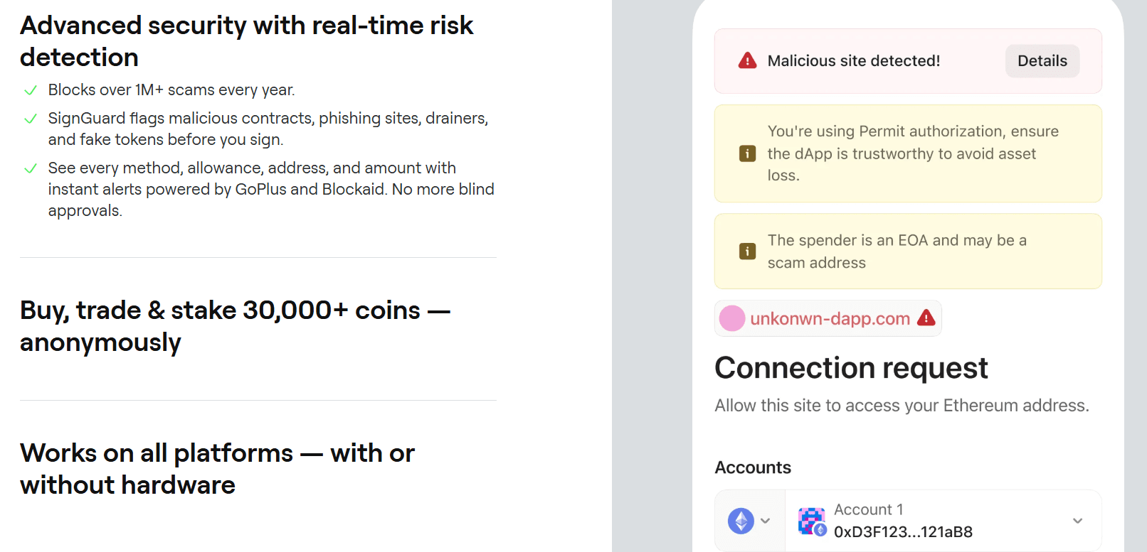 OneKey SignGuard security alerts showing a malicious site warning, a Permit authorization notice, and a connection request screen