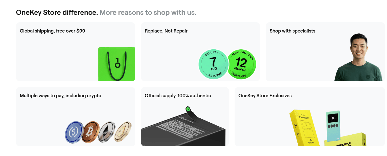 OneKey store benefits: free global shipping over $99, replace not repair policy, 7-day returns, 12-month warranty, and crypto payment options