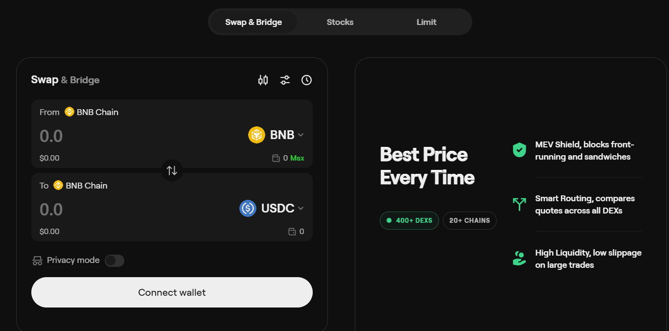 OneKey Swap and Bridge interface swapping BNB to USDC, highlighting MEV Shield, smart routing across 400 plus DEXs, and 20 plus chains