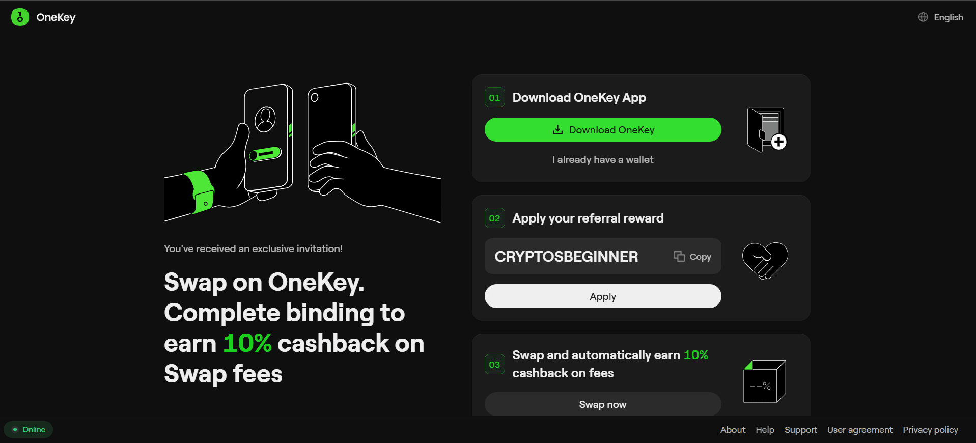 OneKey swap referral page with the code CRYPTOSBEGINNER offering 10 percent cashback on swap fees