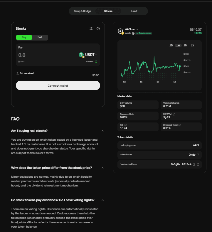OneKey tokenized stocks interface showing Apple stock token AAPL at $345.37 with market data and an FAQ explaining on-chain stock tokens