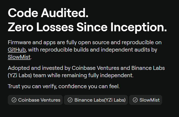 OneKey trust badges: code audited, zero losses since inception, open source firmware on GitHub, audited by SlowMist, backed by Coinbase Ventures and YZi Labs