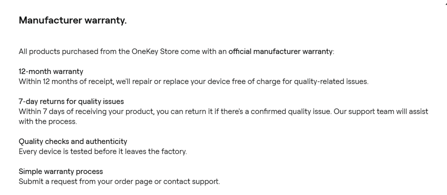 OneKey manufacturer warranty terms: 12-month warranty with free repair or replacement, and 7-day returns for quality issues