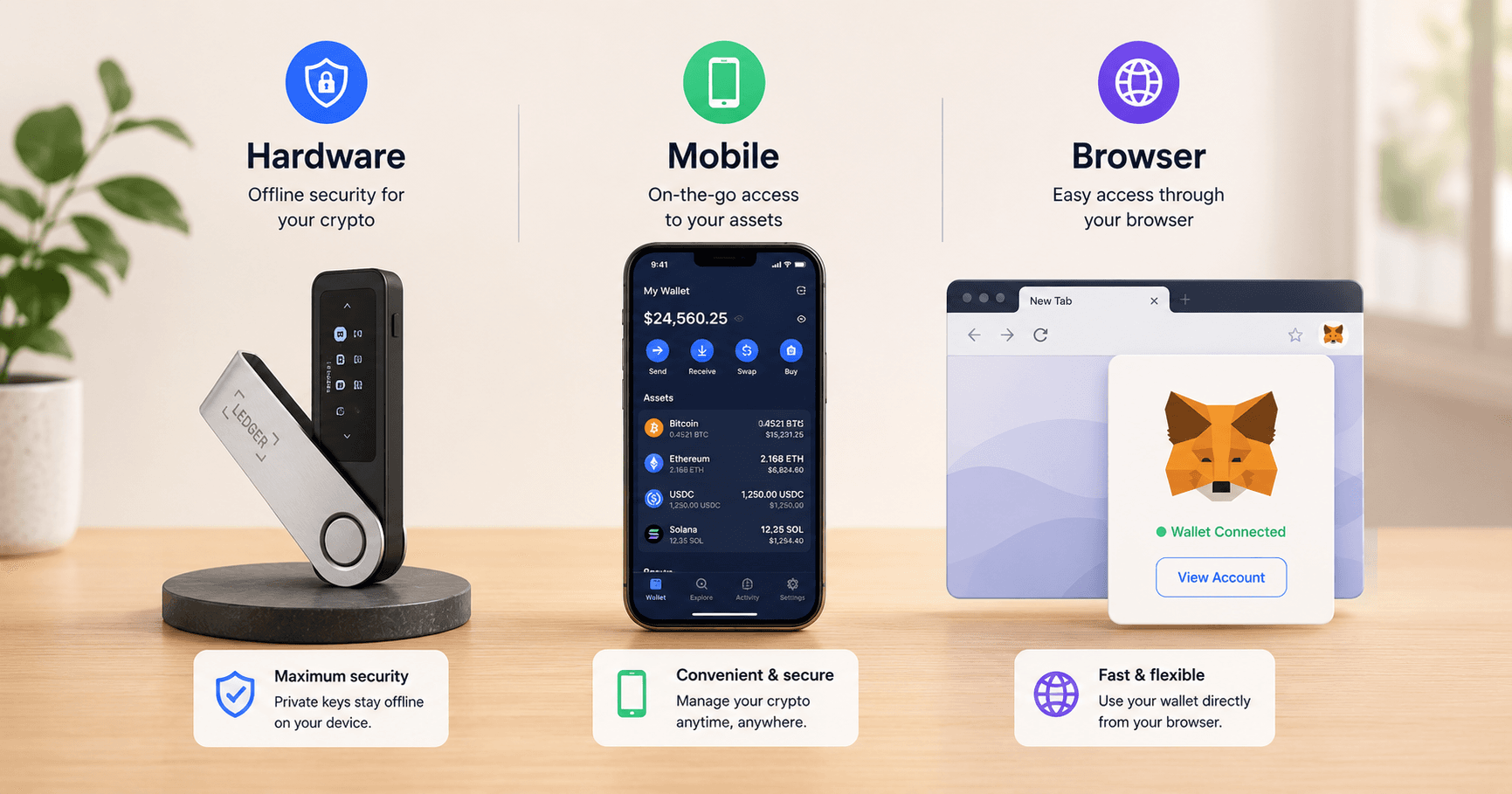 Illustration of hardware, mobile and browser crypto wallets