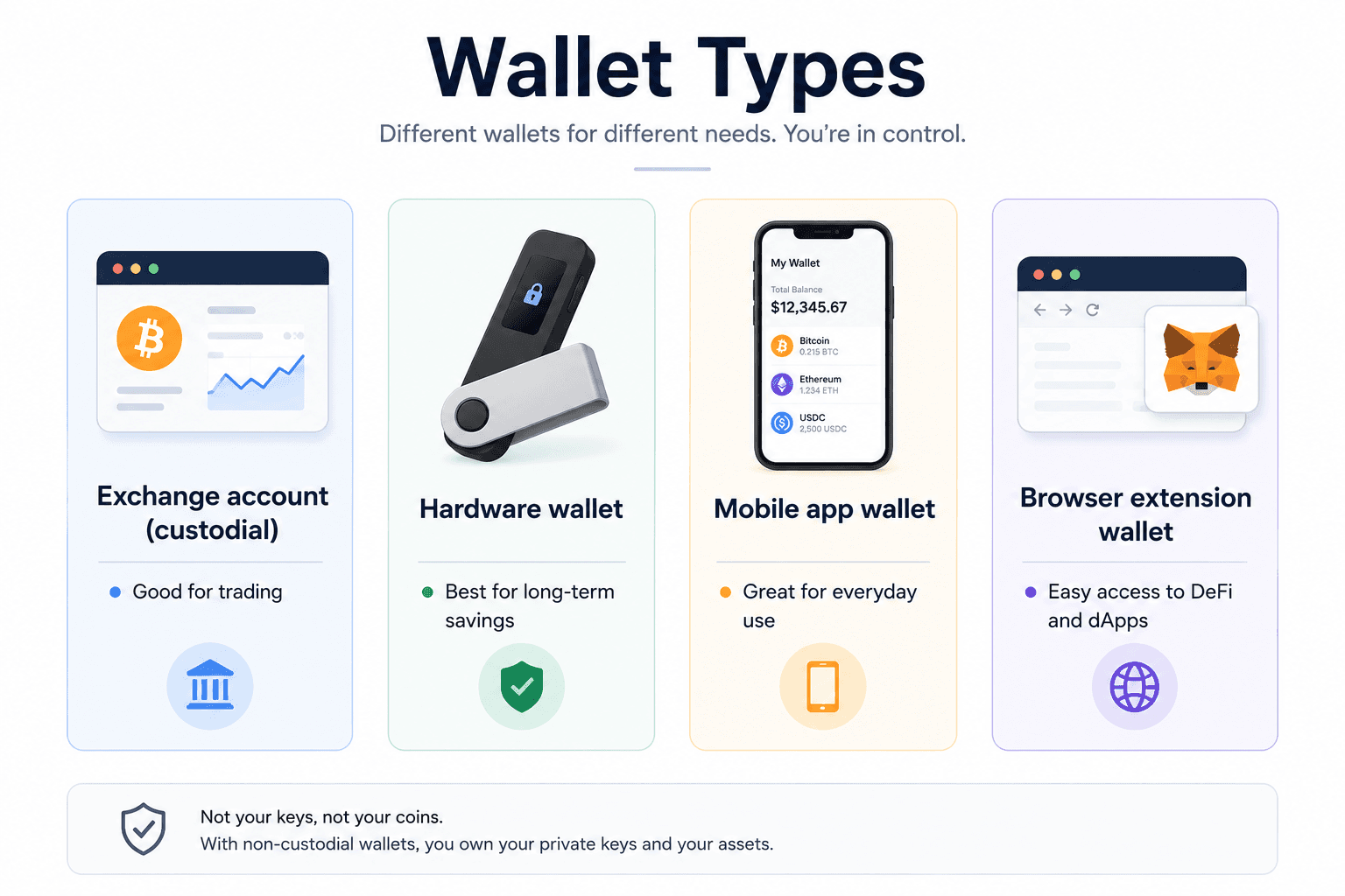 Diagram comparing exchange accounts, hardware wallets, mobile app wallets and browser wallets