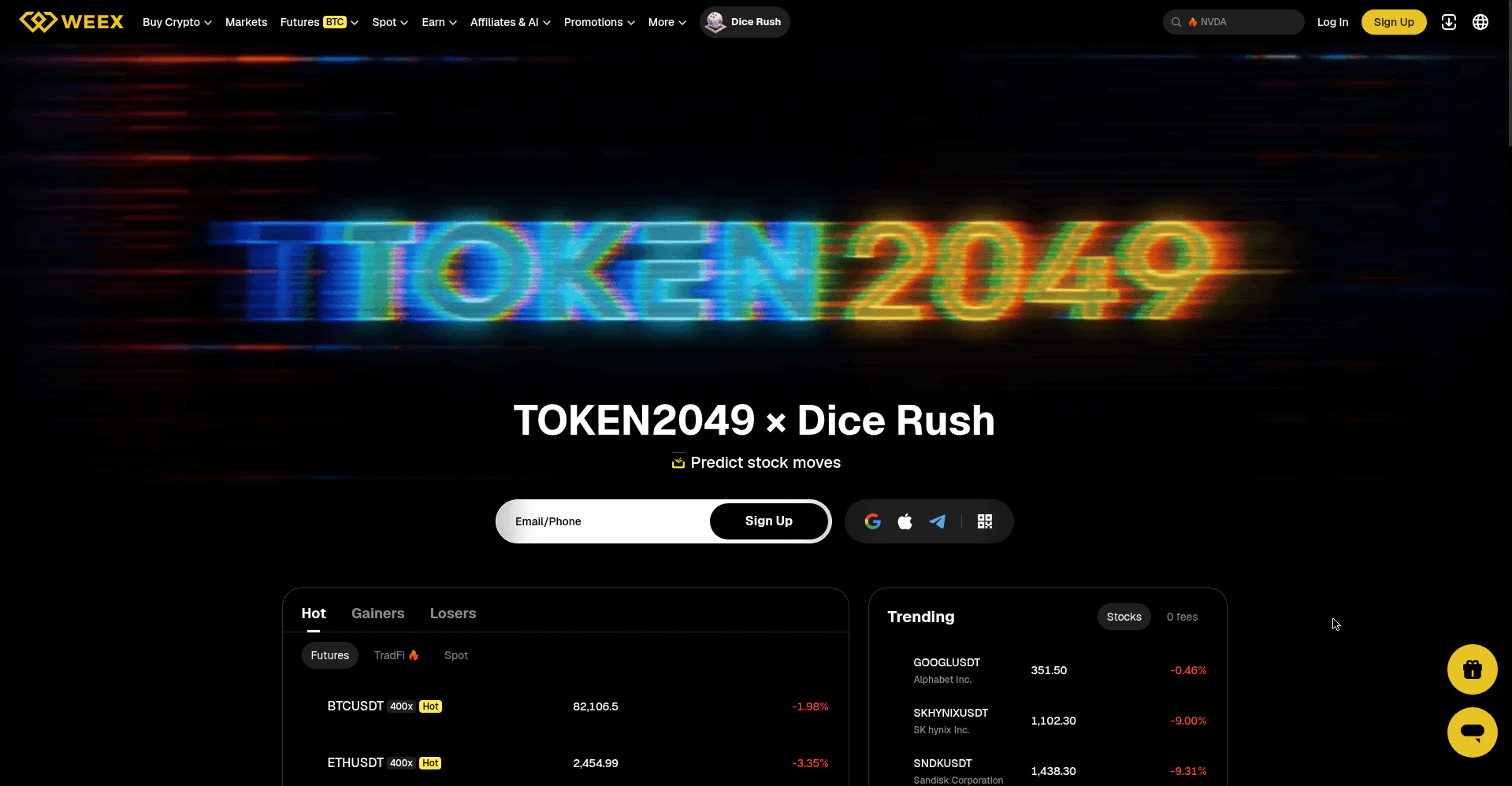WEEX homepage with market panels and promotions